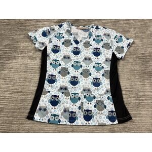 Green Town Scrub Top Womens Small Multicolor Owl Short Sleeve Cotton Blend